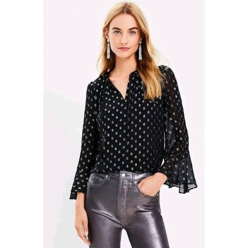 LOFT Blouse XL NWT Black Metallic Silver Print Sheer Bell Sleeve Holiday Party